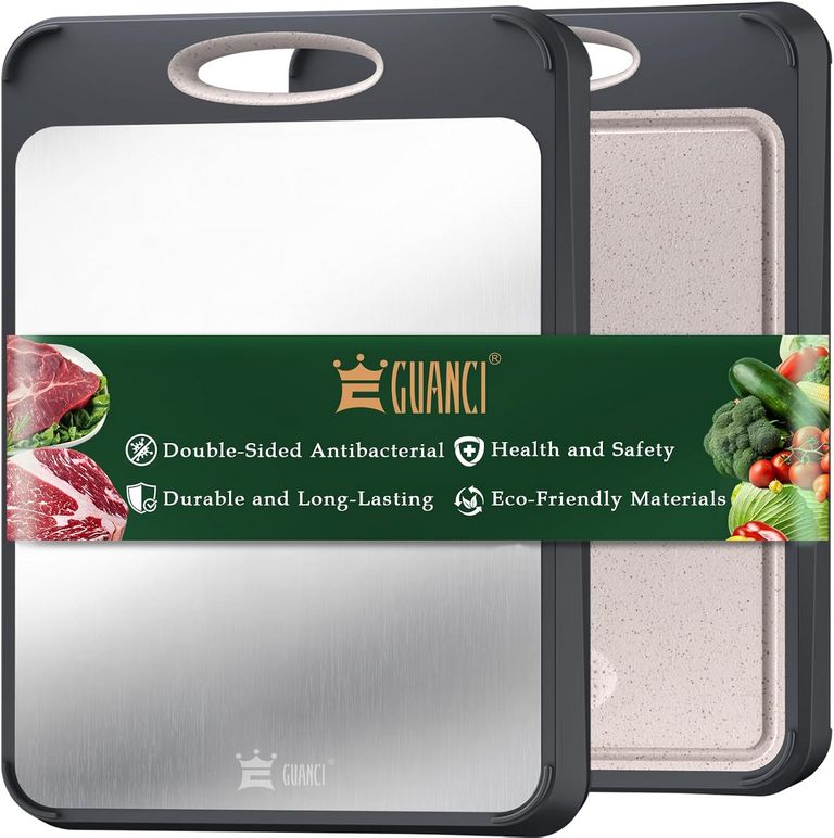Guanci 2-in-1 stainless steel and wheat straw cutting board for meat and vegetables